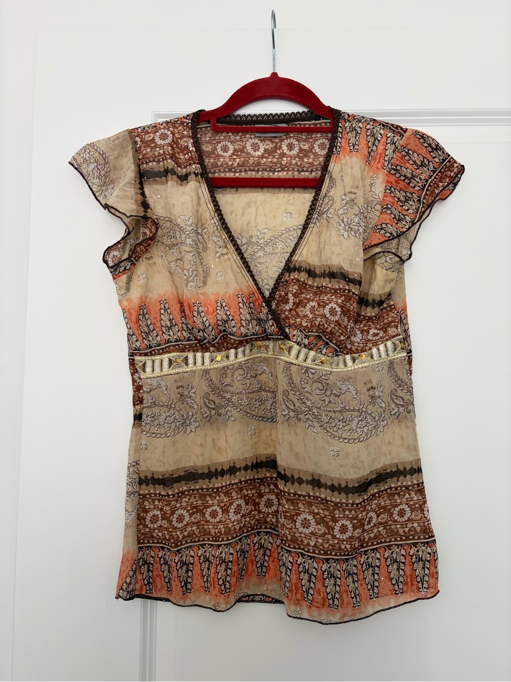rave Beige and Coral Boho V-Neck Flutter Sleeve Blouse